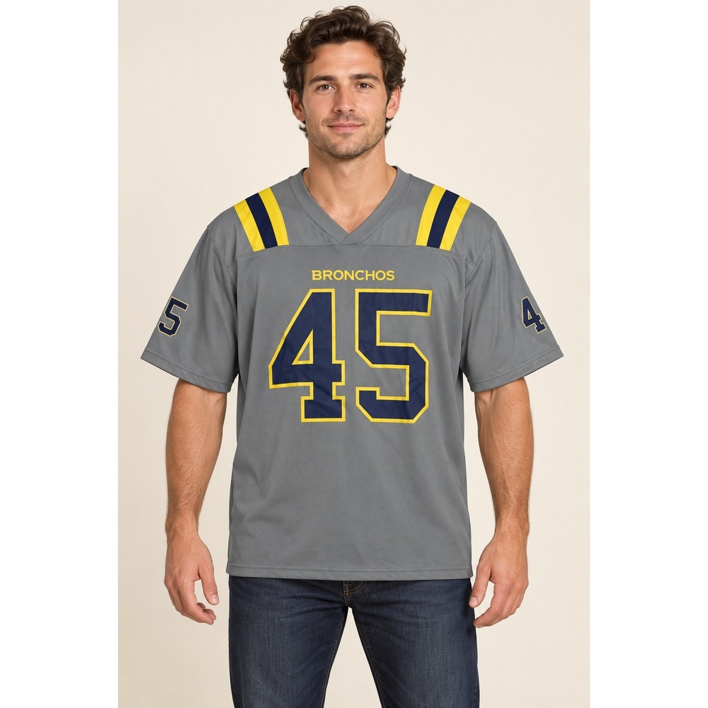Synergy Imports Bronchos 45 Football Jersey Mens XXL Grey Navy Yellow V-Neck